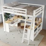Lit mezzanine enfant 140x200cm - redom - avec bureau u 2 tiroirs et �tag�re de rangement - pin blanc ...