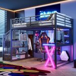 Lit mezzanine enfant 2 places 140x200 lit adulte gaming m�tal avec bureau �clairage led escalier de rangement ...