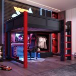 Lit mezzanine enfant 2 places en bois 140x200 cm lit adolescent avec bureau �clairage led armoire ouverte ...