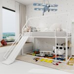 Lit mezzanine enfant 90�190 cm en m�talcabane avec toboggan forme maison antichute sans matelas blanc ...