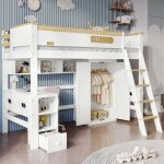 Lit mezzanine enfant 90�200 cm avec bureau armoire �tag�re et tiroir - barri�res de s�curit� - grand ...
