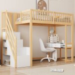 Lit mezzanine enfant 90�200 cm avec bureau et escalier de rangement pin massif et structure solide blanc ...