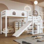 Lit mezzanine enfant 90�200 cm escalier de rangement + �tag�res avec toboggan sans matelas mdf blanc