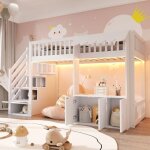 Lit mezzanine enfant 90 � 200 cm avec led et escalier de rangement lit 1 place avec barri�re s�curit� ...