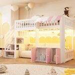 Lit mezzanine enfant 90 � 200 cm avec led et escalier de rangement lit 1 place avec barri�re s�curit� ...