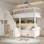 Lit mezzanine enfant 90�200 cm lit simple avec �chelle de rangement en pin antichute sans matelas blanc ...