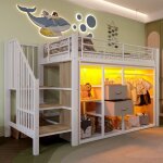 Lit mezzanine enfant 90�200 cm lit simple en fer avec �clairage led 2 tiroirs armoire rangements et sommier ...