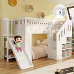 Lit mezzanine enfant 90�200cm lit simple en bois avec toboggan �tag�re escalier rangement �clairage led ...