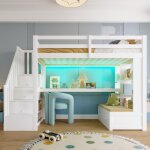 Lit mezzanine pour enfant 90 x 200 cm avec bureau et biblioth�que 2 tiroirs int�gr�s escalier avec rangement ...
