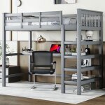Lit mezzanine enfant 90 x 200 cm avec bureau - �tag�re de rangement - bois massif de pin - gris