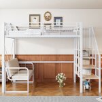 Lit mezzanine enfant 90 x 200 cm avec canap� lit amovible - espace de rangement et escalier de s�curit� ...