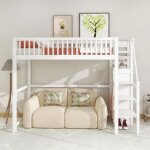 Lit mezzanine enfant 90 x 200 cm avec escalier �tag�res et armoire ? blanc pin massif