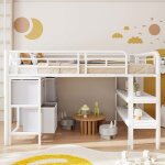 Lit mezzanine enfant 90 x 200 cm - structure en m�tal - avec escalier et tiroirs - blanc - avec barri�re ...