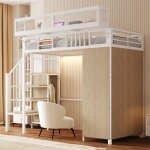Lit mezzanine enfant 90x200 cm avec armoire � portes coulissantes �chelle rangement led m�tal et bois ...