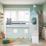 Lit mezzanine enfant - homestyle4u - toboggan avec tour - 90x200 cm - blanc et vert menthe - sans sommier ...