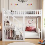 Lit mezzanine enfant - 90x200 cm - bois massif blanc - escalier rangement int�gr� - cl�ture �toile 149cm ...