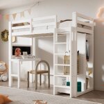 Lit mezzanine enfant 90x200 cm avec bureau et armoire ouverte blanc structure en pin