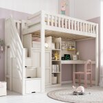 Lit mezzanine enfant 90x200 cm avec bureau escalier rangement et armoire ports usb / usb?c lit superpos� ...