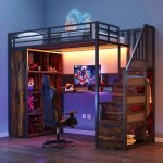 Lit mezzanine enfant 90x200 cm avec bureau led rangements et penderie escalier de rangement m�tal noir ...