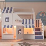 Lit mezzanine enfant 90x200 cm lit cabane en pin massif avec �clairage led �chelle de rangement fen�tres ...