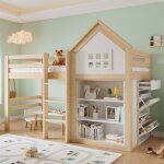 Lit mezzanine enfant 90x200 cm - design cabane avec 3 tiroirs et �tag�res de rangement - pin et mdf - ...