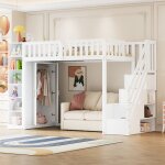 Lit mezzanine enfant 90x200 cm - okwish - armoire int�gr�e �chelle de rangements - blanc