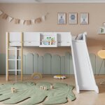 Lit mezzanine enfant 90x200 cm avec toboggan lit jeunesse avec avec �tag�re amovible pin + mdf blanc