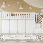 Lit mezzanine enfant 90x200 pin / mdf blanc - bureau penderie casiers - 2 rangements escalier s�curis�s ...