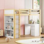 Lit mezzanine enfant 90x200cm avec armoire et bureau int�gr�s structure multifonction en bois clair sans ...