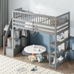 Lit mezzanine enfant - 90 x 200 cm - bois massif - rangements int�gr�s - barri�re haute & �chelle