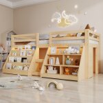 Lit mezzanine enfant 90x200cm lit mi - hauteur avec rangement �clairage led garde - corps �chelle ? pin ...