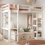 Lit mezzanine enfant 90x200cm - redom - avec bureau et rangements - bois massif blanc - sans matelas