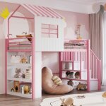 Lit mezzanine enfant 90x200cm rose - lit cabane m�tal multifonction avec escalier rangement et �tag�res ...