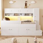Lit mezzanine enfant blanc 90�200 cm avec rangement int�gr� �chelle armoire et led structure solide