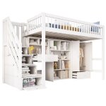Lit mezzanine enfant blanc 90x200cm bois massif + mdf bureau / escalier / casiers / armoire multifonctionnel ...