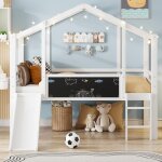 Lit mezzanine enfant en bois massif blanc avec toboggan �chelle et tableau