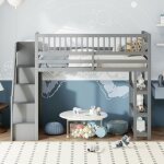 Lit mezzanine enfant avec descalade de scurit et penderie tagres et rangements design multifonction ...