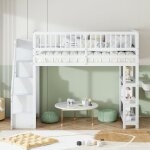 Lit mezzanine enfant - design scurit - blanc - avec penderie tagres et rangements - 90x200