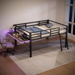 Lit mezzanine enfant - dreammespace - 140x200cm - mtal noir - bureau pliable - clairage led tlcommand ...