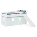 Lit mezzanine enfant - homestyle4u - 90x200 blanc rideau vert menthe - toboggan int�gr� - pin massif ...