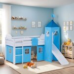 Lit mezzanine enfant - homestyle4u - blanc avec rideau bleu - 90x200 cm - toboggan & tour - sommier � ...
