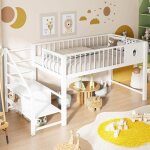 Lit mezzanine enfant - lemonbest - 90 x 200 cm - m�tal blanc - �chelle de rangement - sommier � lattes ...