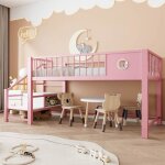 Lit mezzanine enfant - lemonbest - 90 x 200 cm - structure m�tal - �chelle de rangement - rose