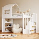 Lit mezzanine enfant - lemonbest - design maison - 90�200 cm - m�tal blanc - escalier avec rangements ...