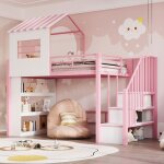 Lit mezzanine enfant - lemonbest - design maison rose - 90�200 cm - m�tal avec �tag�res - escalier rangement ...