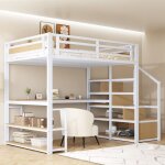 Lit mezzanine enfant m�tal 140x200 cm lit adulte lit loft avec bureau �tag�res �chelle de rangement et ...