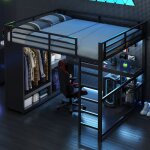 Lit mezzanine pour enfant en m�tal 160 x 200 cm avec �clairage led bureau armoire ouverte et compartiments ...