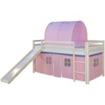 Lit mezzanine enfant - marque - rose - toboggan tunnel rideau - 90x200 cm