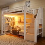 Lit mezzanine avec �tag�re - 90x200 cm - cadre en fer - �tag�re int�gr�e - garde - corps - �chelle avec ...