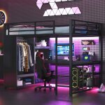 Lit mezzanine gaming 140x200 - avec led bureau penderie ouverte et placards de rangement - structure ...